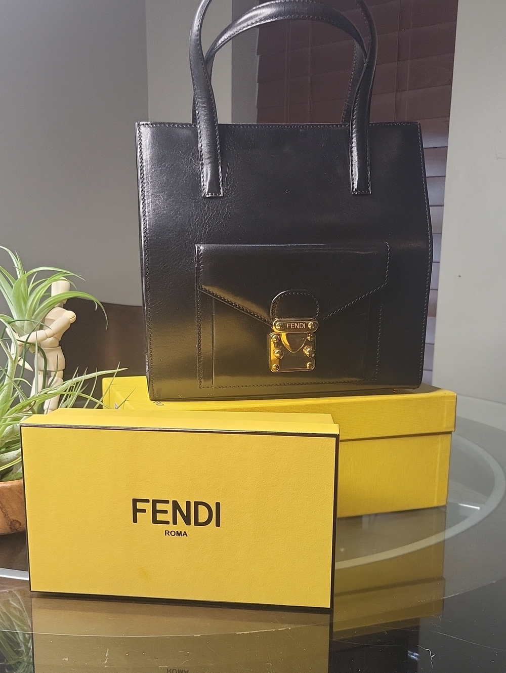 Fendi Black Leather Square Tote with Gold Lock